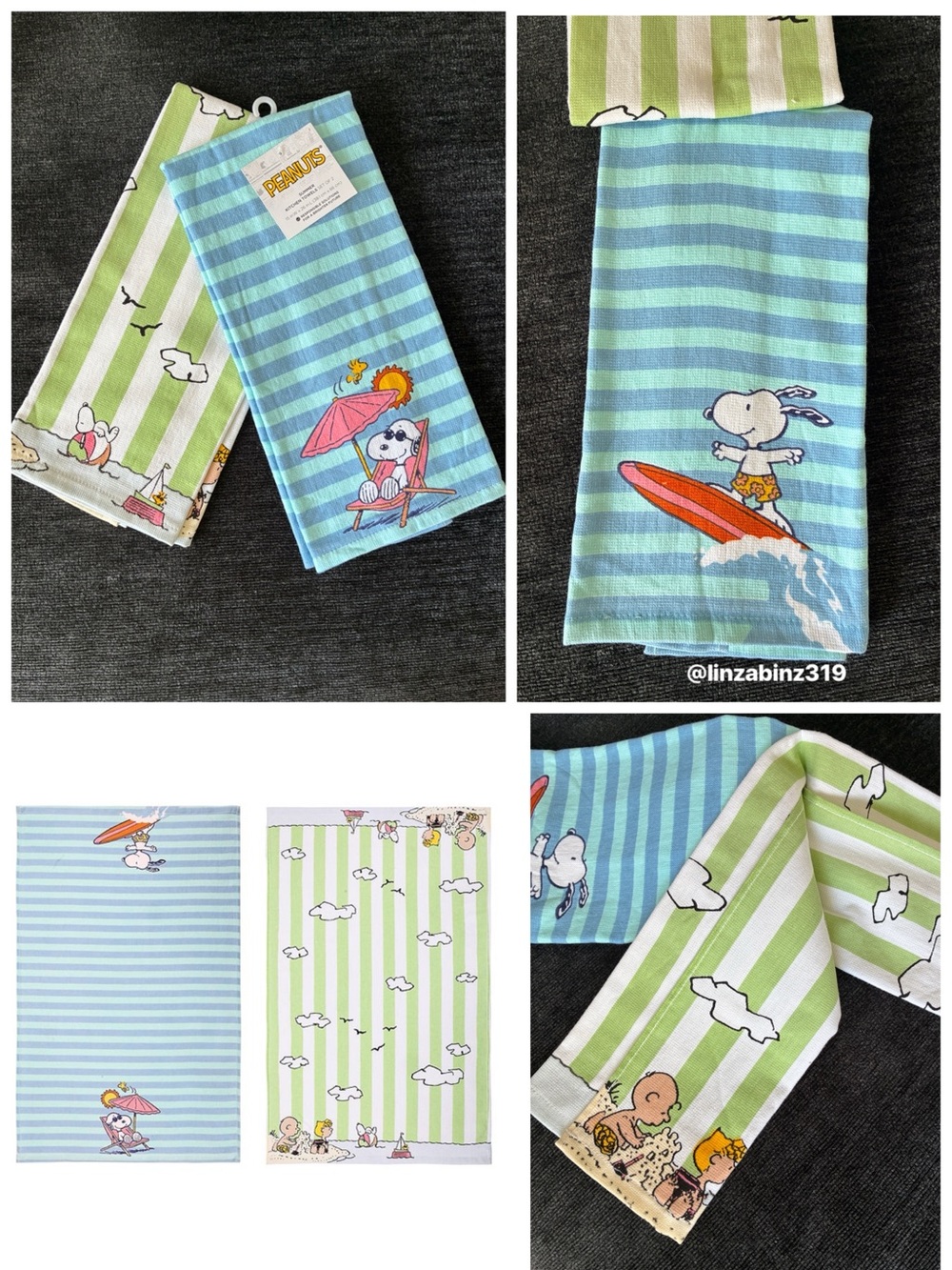 NWT- Peanuts- Snoopy Summer Striped Cotton Kitchen Towels - Blue & Green 26x15